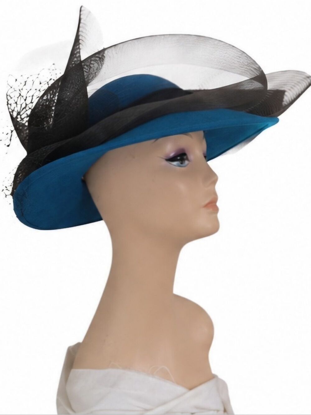 Vintage 40s/60s Dajon New York Millinery Blue Wool Wide Brim Hat 22”